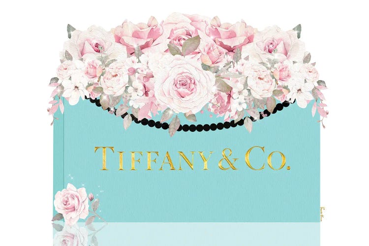 Teal & Gold Shopping Bag With Lightly Blushed Roses