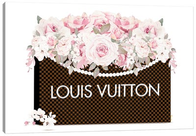 Louis Dark Brown & Black Checkered Shopping Bag With Roses Canvas Art Print - Shopping Art