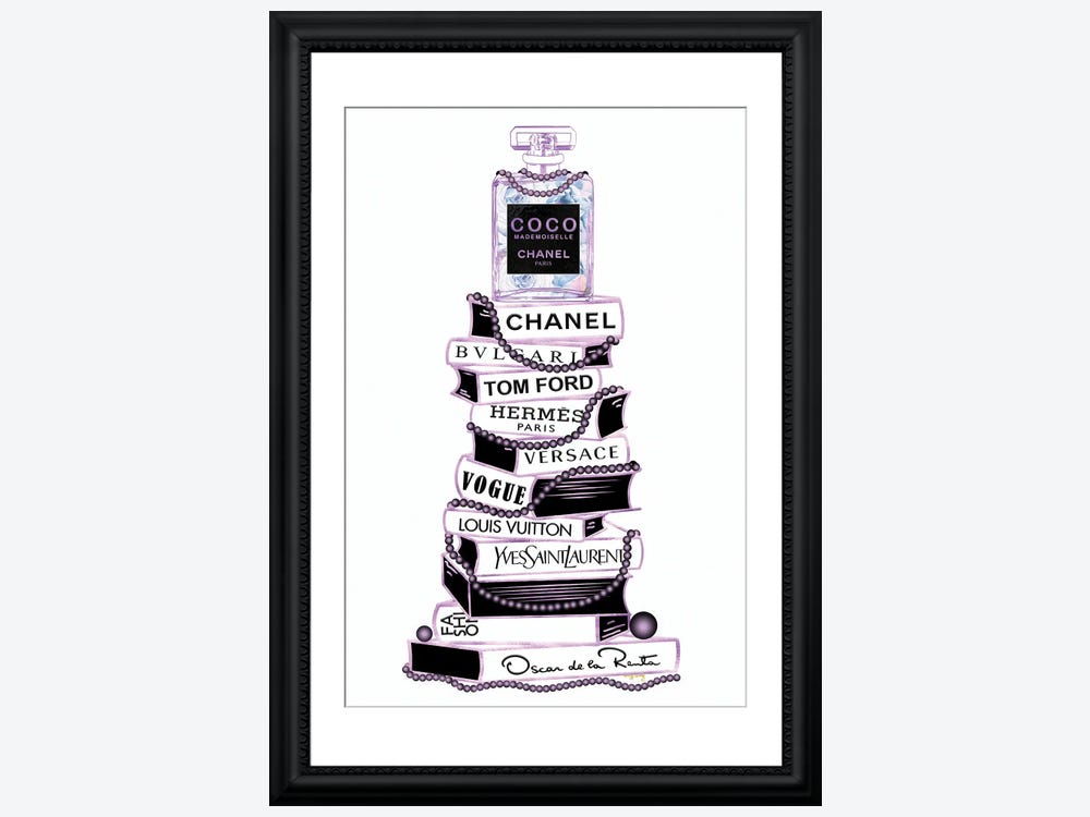 Framed Poster Prints - Purple & Black Mademoiselle Perfume Bottle on Extra Tall Book Stack by Pomaikai Barron ( Fashion > Fashion Brands > Yves Saint