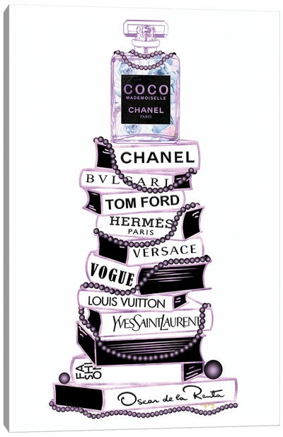 Purple & Black Mademoiselle Perfume Bottle On Extra Tall Book Stack Canvas Art Print - Book Art