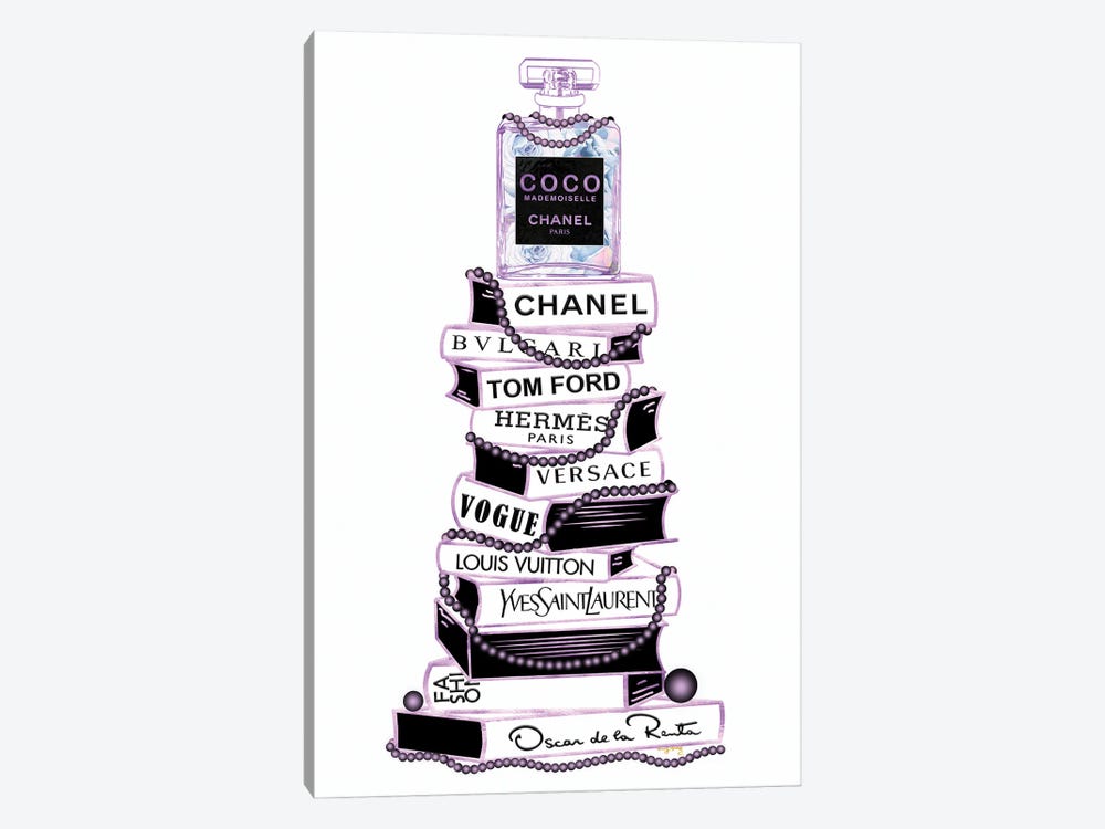 Purple & Black Mademoiselle Perfume Bottle On Extra Tall Book Stack by Pomaikai Barron 1-piece Canvas Wall Art