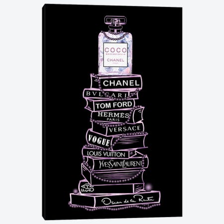 Purple Coco Perfume Bottle On Extra Tall Fashion Books On Black Canvas Print #POB750} by Pomaikai Barron Canvas Wall Art