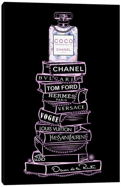 Purple Coco Perfume Bottle On Extra Tall Fashion Books On Black Canvas Art Print - Vogue Art
