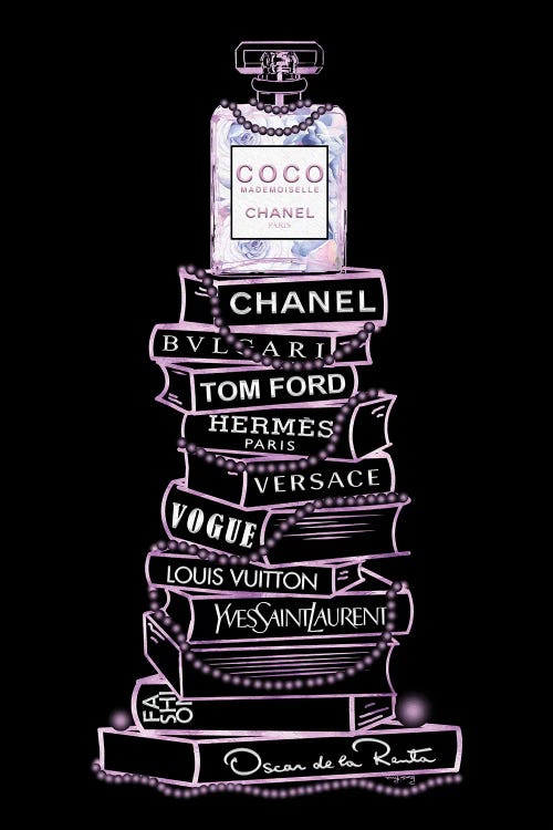 Purple Coco Perfume Bottle On Extra Tall Fashion Books On Black