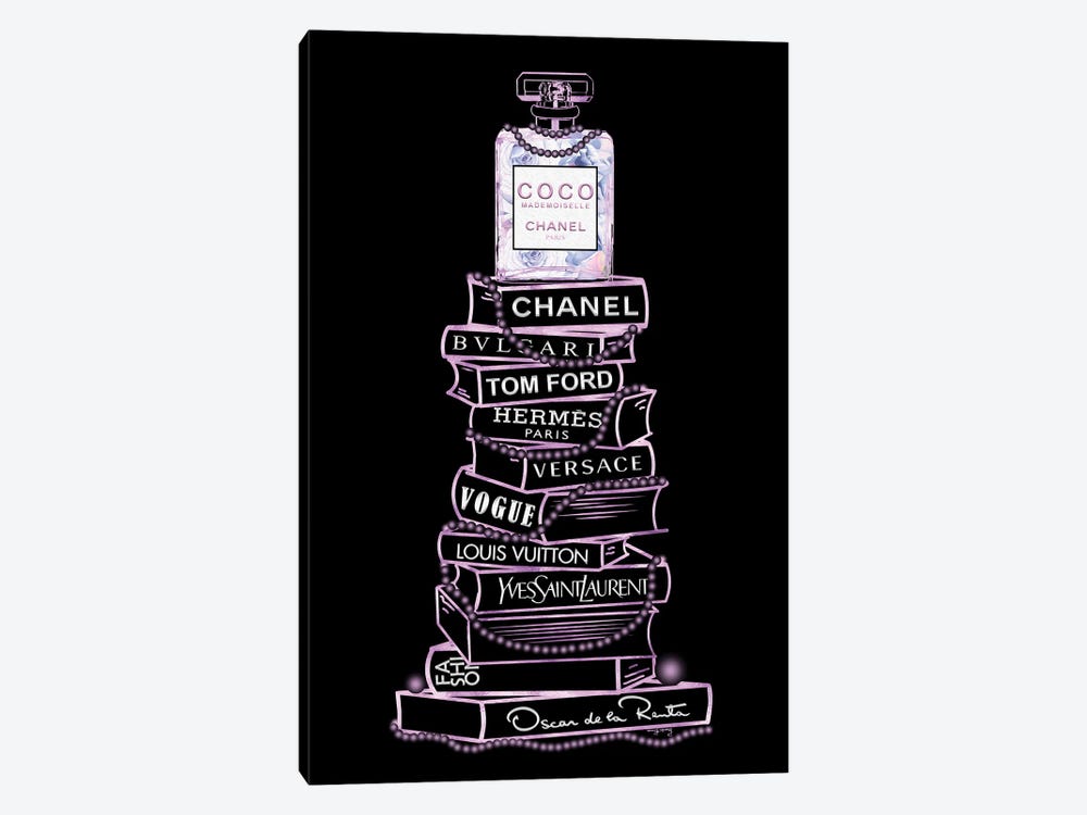 Purple Coco Perfume Bottle On Extra Tall Fashion Books On Black by Pomaikai Barron 1-piece Canvas Art