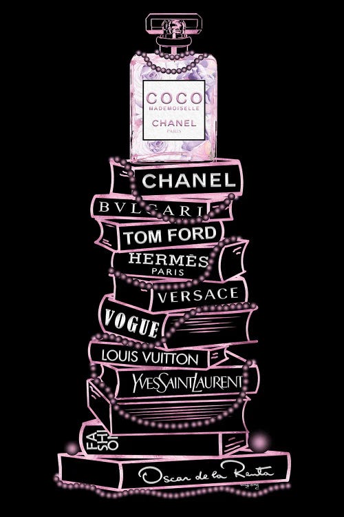 Pink Coco Perfume Bottle On Extra Tall Fashion Books With Pearls On Black