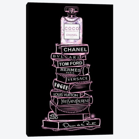 Pink Coco Perfume Bottle On Extra Tall Fashion Books With Pearls On Black Canvas Print #POB751} by Pomaikai Barron Canvas Wall Art