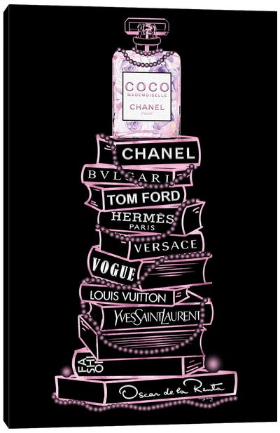 Pink Coco Perfume Bottle On Extra Tall Fashion Books With Pearls On Black Canvas Art Print - Versace Art
