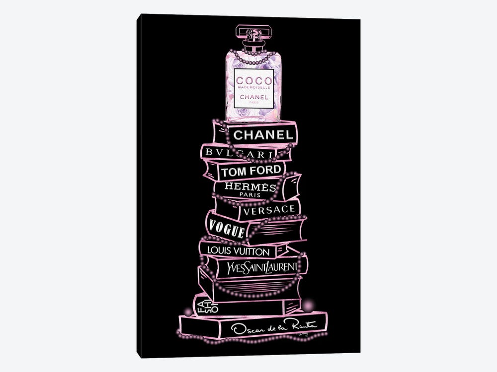 Pink Coco Perfume Bottle On Extra Tall Fashion Books With Pearls On Black by Pomaikai Barron 1-piece Art Print