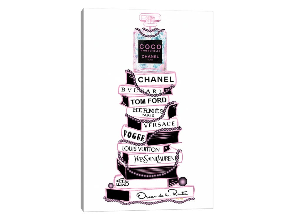 Pink & Black Coco Perfume Bottle on Extra Tall Book Stack with Pearls - Canvas Print Wall Art by Pomaikai Barron ( Fashion > Fashion Brands > Yves