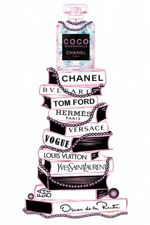 Pink & Black Coco Perfume Bottle On Extra Tall Book Stack With Pearls