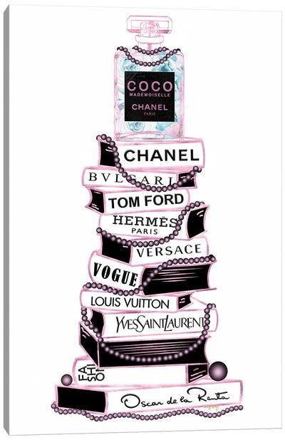 Pink & Black Coco Perfume Bottle On Extra Tall Book Stack With Pearls Canvas Art Print - Vogue Art