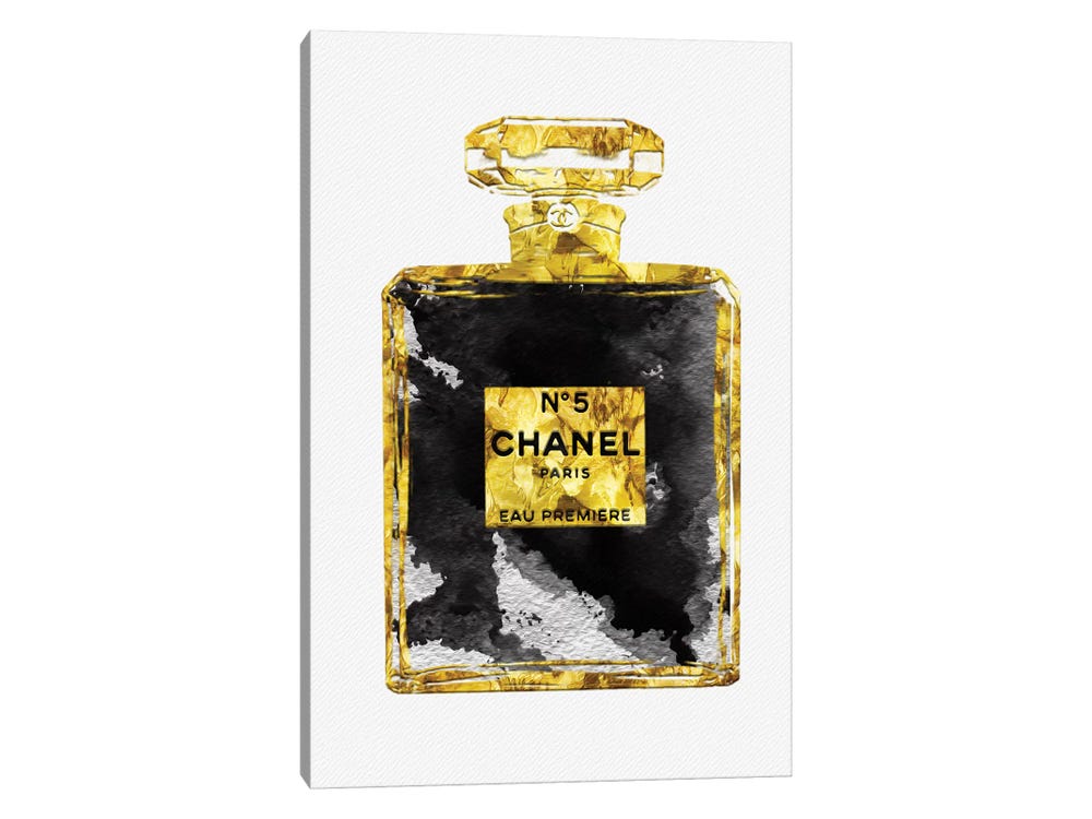 Framed Canvas Art - Gold Black Copper Perfume Bottle Art I by Pomaikai Barron ( Fashion > Fashion Brands > Chanel art) - 26x18 in