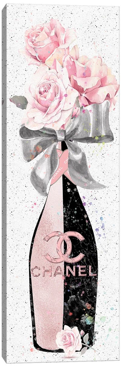 Rose Gold & Black CC Champagne Bottle With Blush Roses Canvas Art Print - Valentine's Day Art