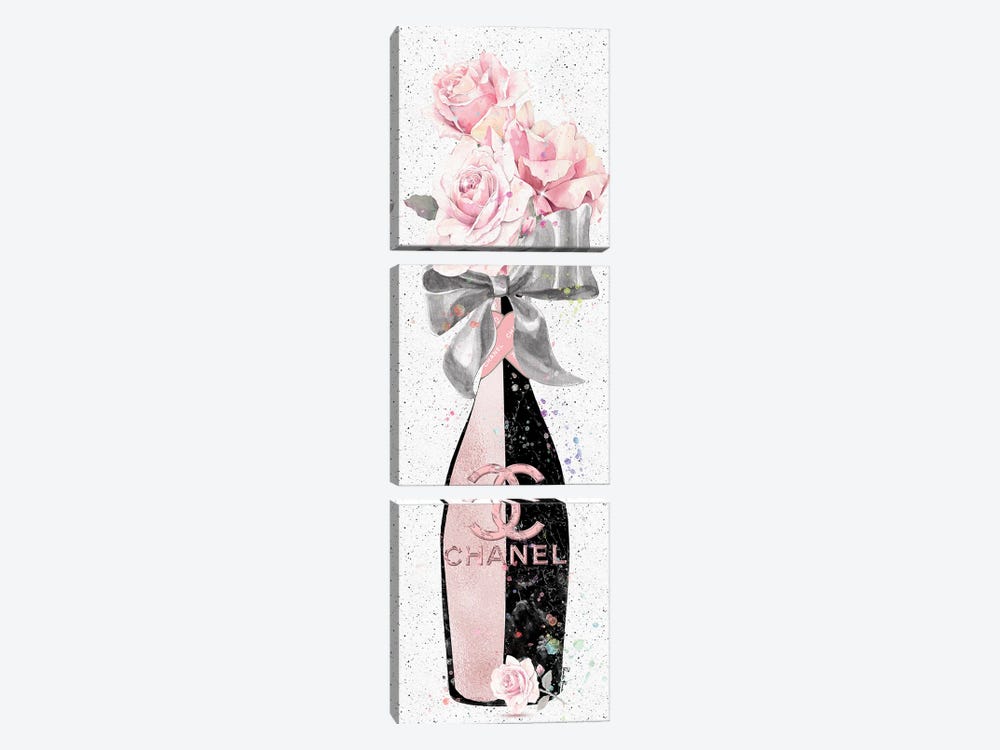 Rose Gold & Black CC Champagne Bottle With Blush Roses by Pomaikai Barron 3-piece Canvas Print