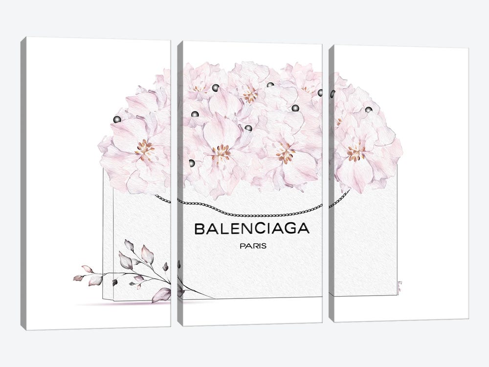 Balenciaga White Shopping Bag With Pastel Florals by Pomaikai Barron 3-piece Canvas Art