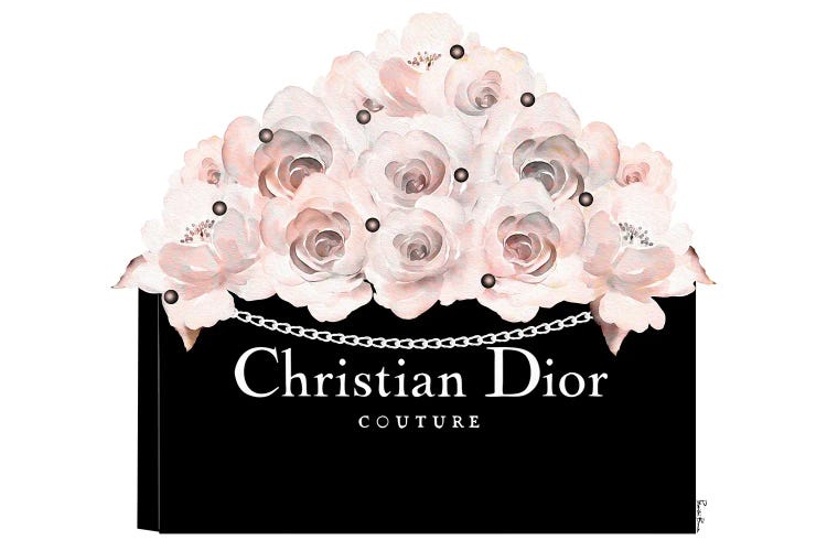 Black Dior Shopping Bag With Soft Blush Roses & Pearls