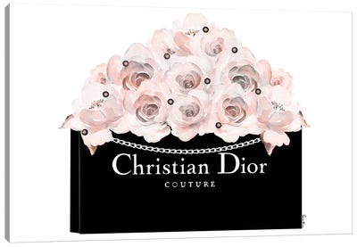 Black Dior Shopping Bag With Soft Blush Roses & Pearls Canvas Art Print - Shopping Art