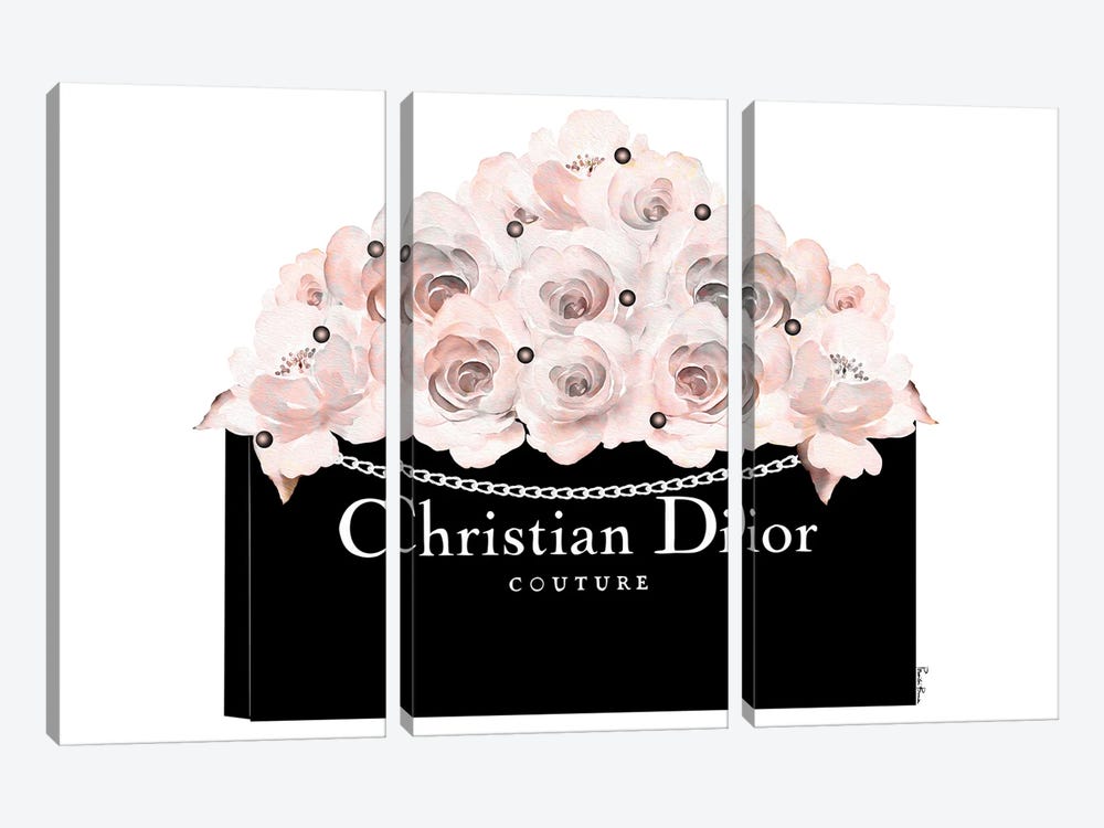 Black Dior Shopping Bag With Soft Blush Roses & Pearls by Pomaikai Barron 3-piece Canvas Wall Art