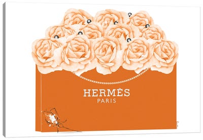 Hermes Shopping Bag With Roses & Pearls Canvas Art Print - Hermès Art