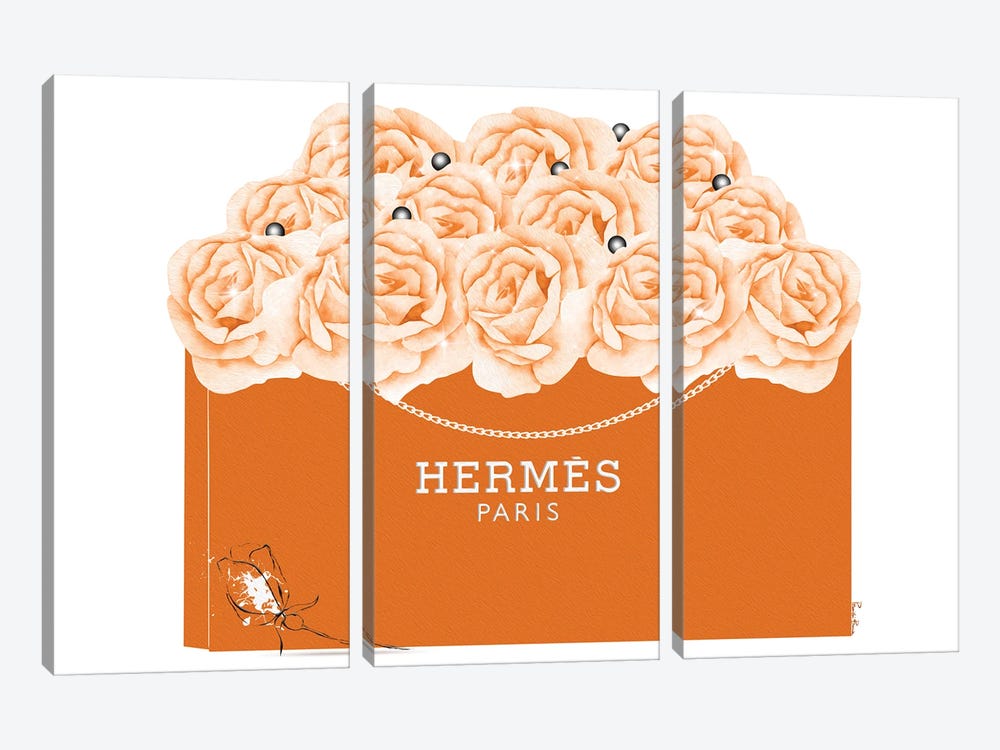 Hermes Shopping Bag With Roses & Pearls by Pomaikai Barron 3-piece Canvas Wall Art