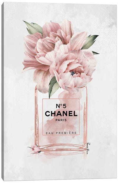 N. 05 Blushed Perfume Bottle With Peonies Canvas Art Print - Fashion Brand Art