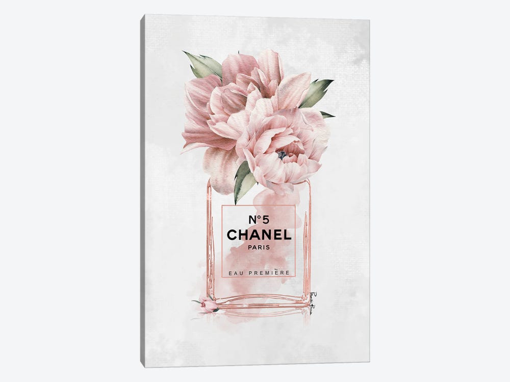 N. 05 Blushed Perfume Bottle With Peonies by Pomaikai Barron 1-piece Canvas Art