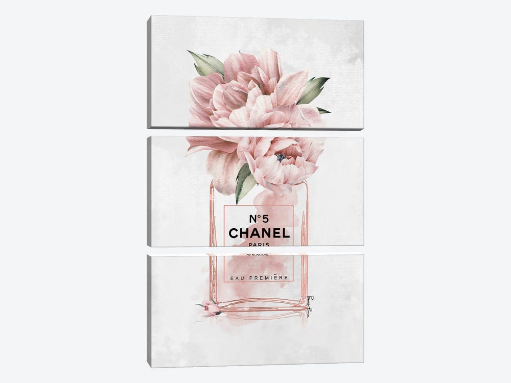 N. 05 Blushed Perfume Bottle With Peonies by Pomaikai Barron 3-piece Canvas Wall Art