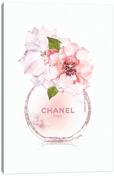 Round Perfume Bottle With Pastel Peonies Canvas Art Print - Pomaikai Barron
