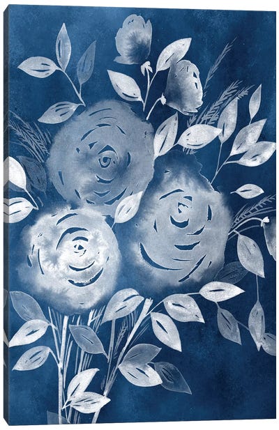 Cyanotype Roses I Canvas Art Print - Indigo & White 