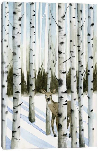 Deer In Snowfall II Canvas Art Print - Aspen and Birch Trees
