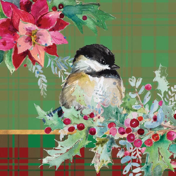 Poinsettias: Holiday Poinsettia and Cardinal on Plaid II by Patricia Pinto