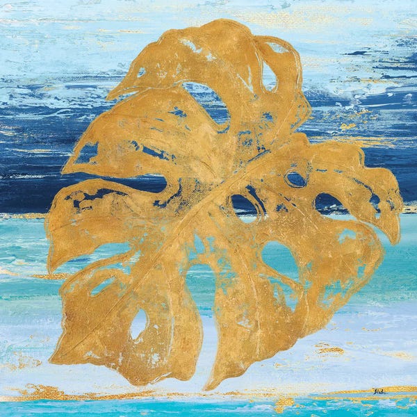 Patricia Pinto: Gold and Teal Leaf Palm II by Patricia Pinto