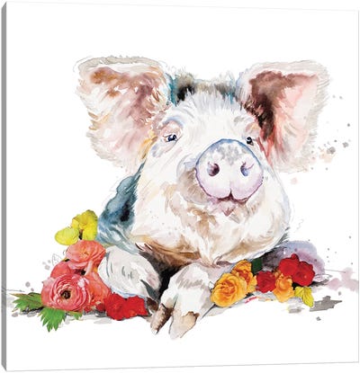 Happy Little Pig Canvas Art Print - Pig Art