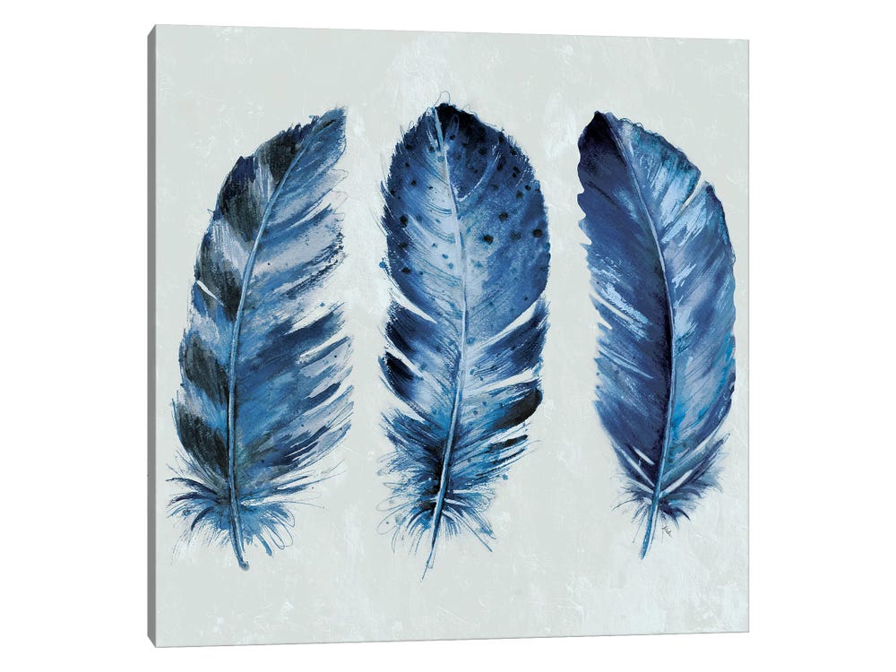 Tryptich Large Canvas Art Print - Indigo Blue Feathers II ( Decorative Elements > Feathers art) - 60x60 in