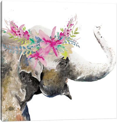 Water Elephant with Flower Crown Canvas Art Print - Bohemian Flair 