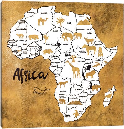 Africa Map Canvas Art Print - Black, White & Gold Art