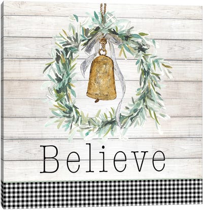 Believe Bell Wreath Canvas Art Print - Farmhouse Christmas Décor