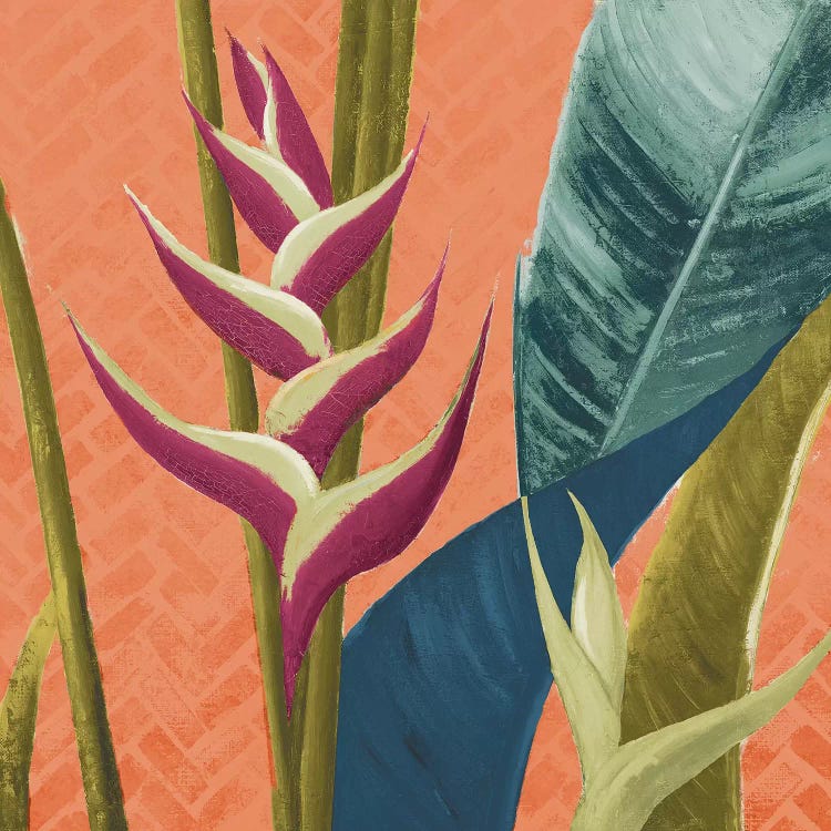Heliconias With Leaves On Orange by Patricia Pinto wall art