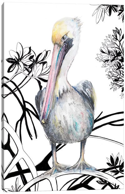 Pelican On Branch I Canvas Art Print - Pelican Art