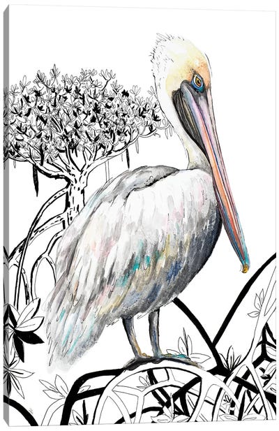 Pelican On Branch II Canvas Art Print - Patricia Pinto
