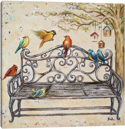 Birds on the Bench Canvas Art Print - Patricia Pinto