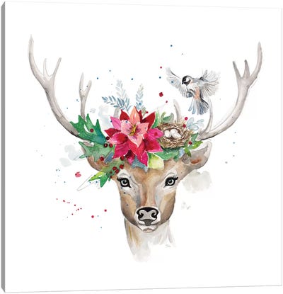 Woodland Deer With Bird Canvas Art Print - Reindeer Art