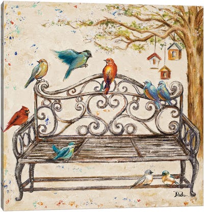 Birds on the Bench Canvas Art Print - City Park Art