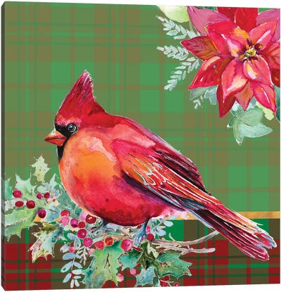 Holiday Poinsettia and Cardinal on Plaid I Canvas Art Print - Poinsettia Art