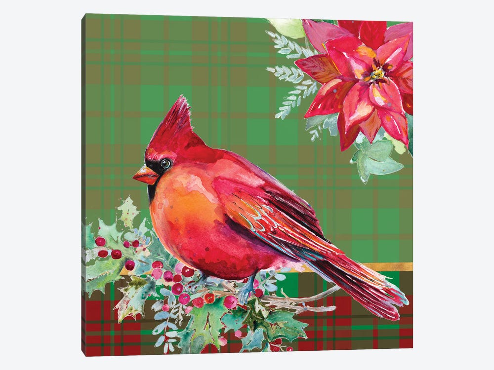 Holiday Poinsettia and Cardinal on Plaid I by Patricia Pinto 1-piece Canvas Print