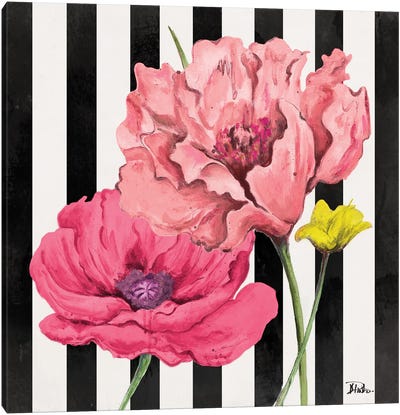 Poppies On Stripes I Canvas Art Print - Stripe Patterns