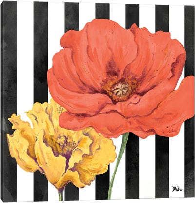Poppies on Stripes II Canvas Art Print - Stripe Patterns