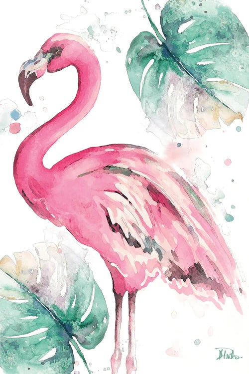 Watercolor Leaf Flamingo I