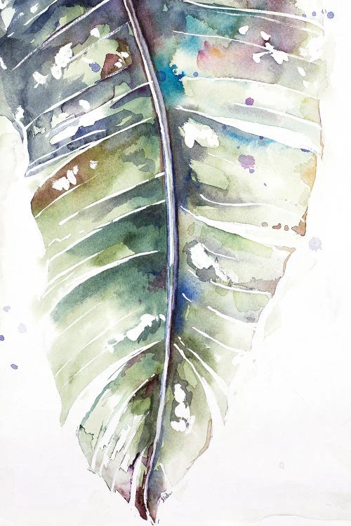 Watercolor Plantain Leaves with Purple I